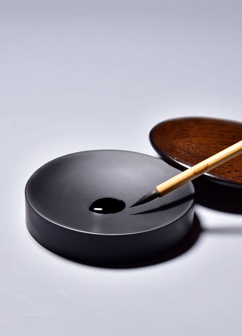 《》带盖歙砚端砚研磨墨块素雅砚台 黑四英寸素池砚(栗木盖)【图片