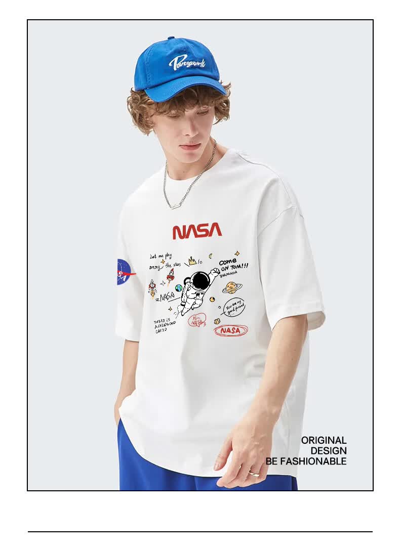 nasa联名短袖t恤男2022年夏季新款宇航员情侣装棉宽松潮牌上衣蓝色m