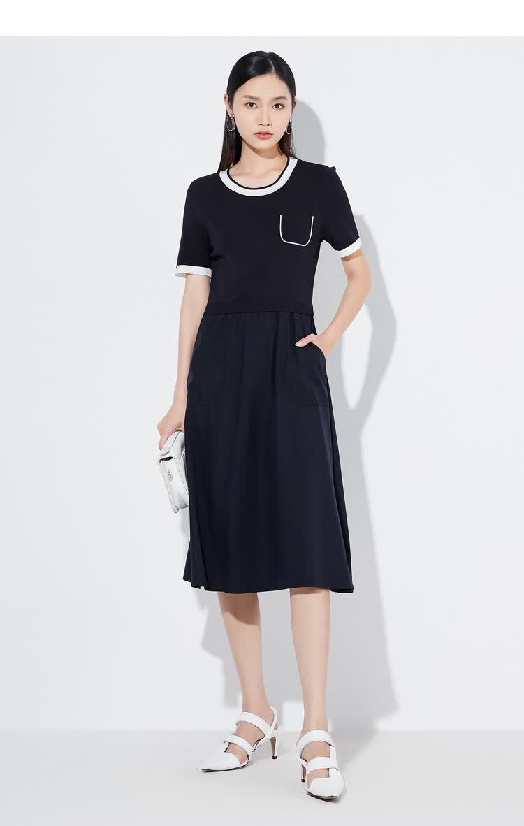 卡迪黛尔显瘦连衣裙女夏短袖时尚黑白撞色气质收腰通勤女士a字裙 暗