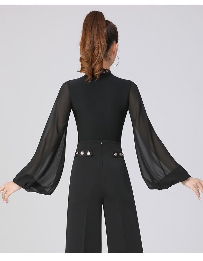 丹宝罗同款摩登舞上衣女v领灯笼袖连体国标衣服华尔兹舞蹈服舞衣v领小