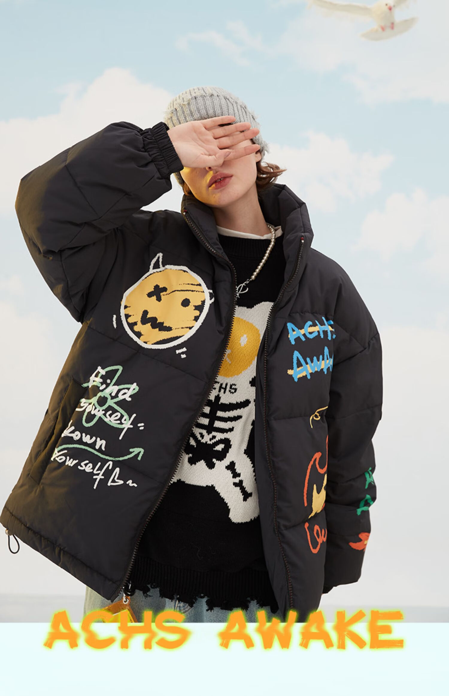 羽绒服女冬季加绒加厚2022年新款宋亚轩同款涂鸦恐龙情侣白鸭绒外套