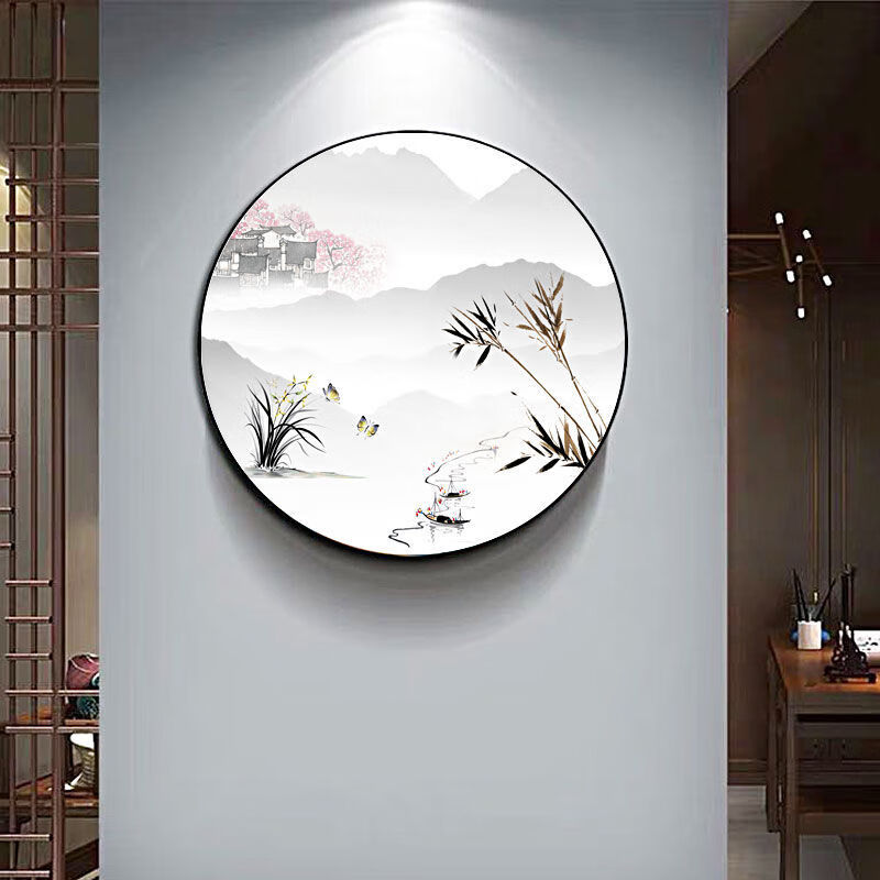 精品装饰字画新中式圆形装饰画书房客厅风水挂画茶室中国风玄关立体晶