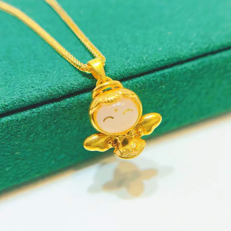 老凤凰同款黄金小天使吊坠和田玉金镶玉坠子999足金项链新款生日礼物