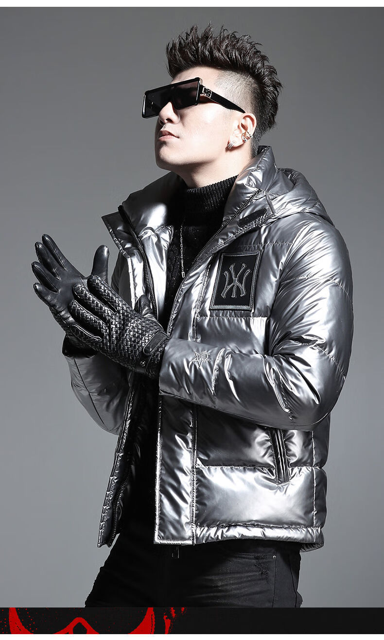 保罗(paul leader) 羽绒服男秋冬新款外套男银色潮流夹克亮面连帽男士