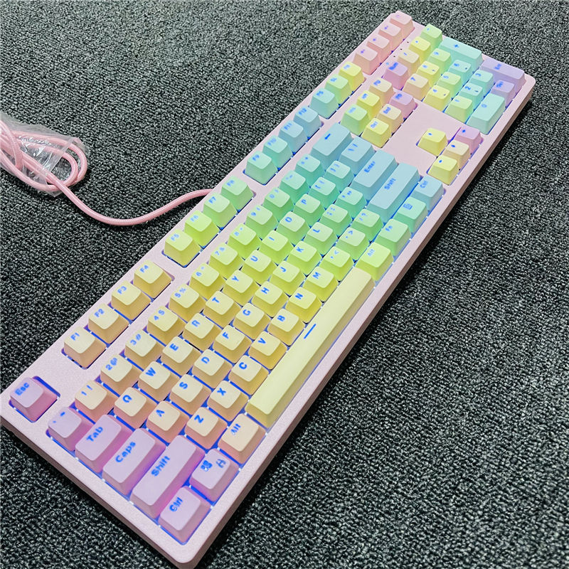 aucbug f108机械键盘淡粉渐变浸染女生pbt青轴rgb光樱花主题usb有线