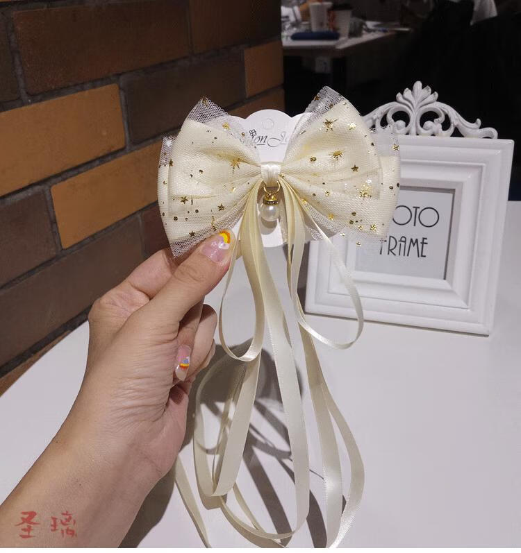 圣璃 纯手工长飘带蝴蝶结发夹洛丽塔lolita头饰古风马尾夹发卡星星