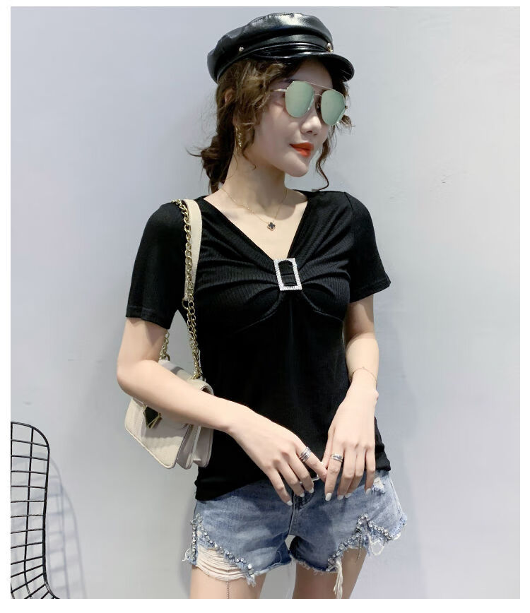 mike will短袖t恤女装欧货新款洋气性感v领2022夏季时尚修身纯色上衣