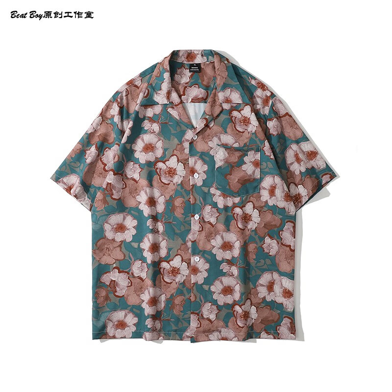 花衬衫男夏季港风宽松碎花 bkpp欧儿同款红扶桑花衬衫男女他泰国aloha