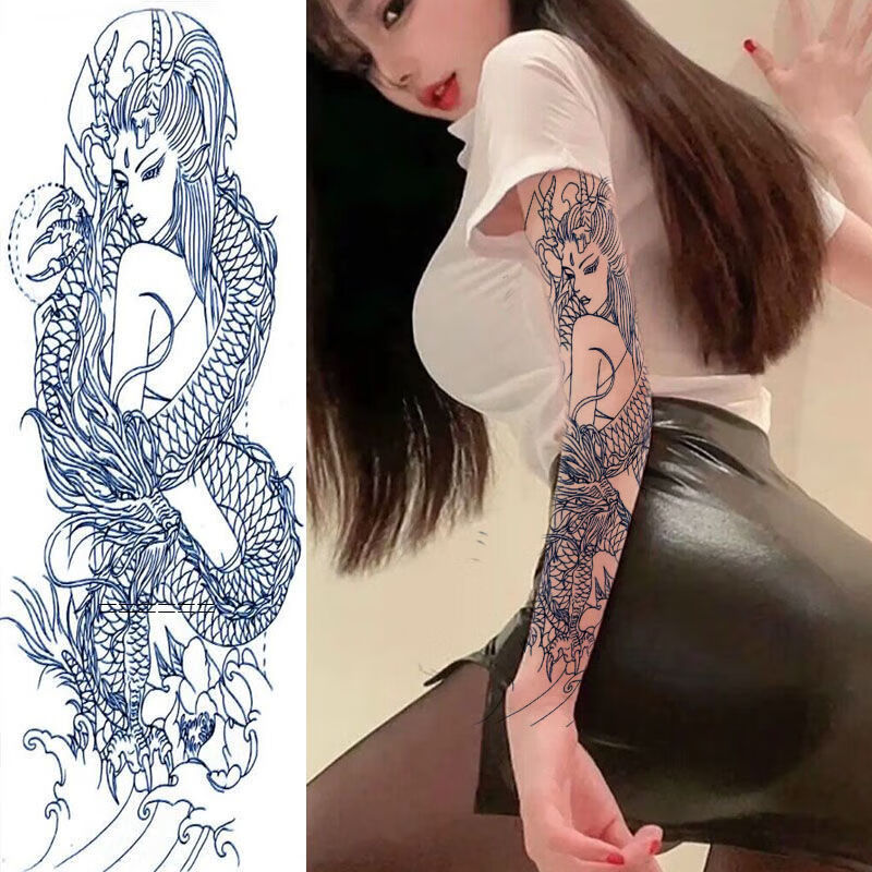 全臂龙姬花旦艺花臂纹身贴线条图小腿手臂纹身贴防水遮疤痕  10般若全