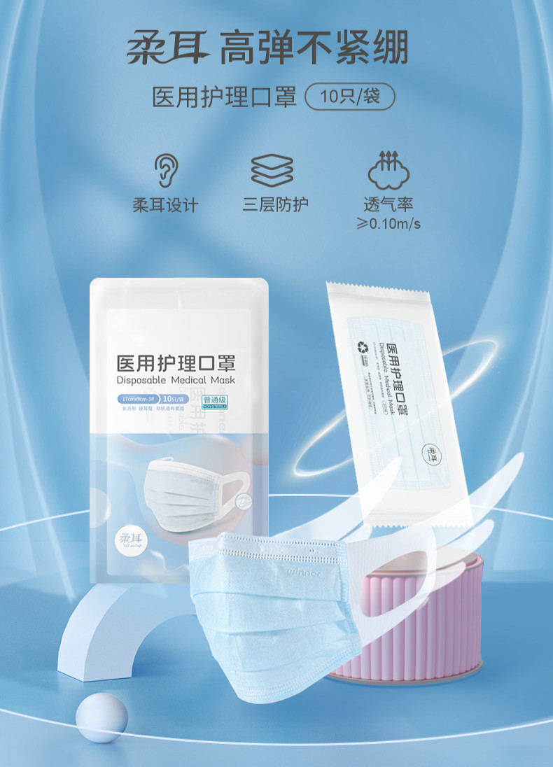 医用护理口罩一次性口罩成人柔耳三层2袋蓝色医用口罩成人款10只袋2袋