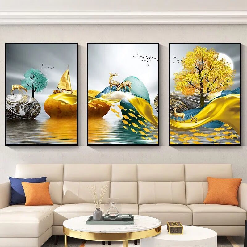 客厅挂画三联画轻奢风格沙发后背墙装饰画现代简约背景墙壁画墙画抽象