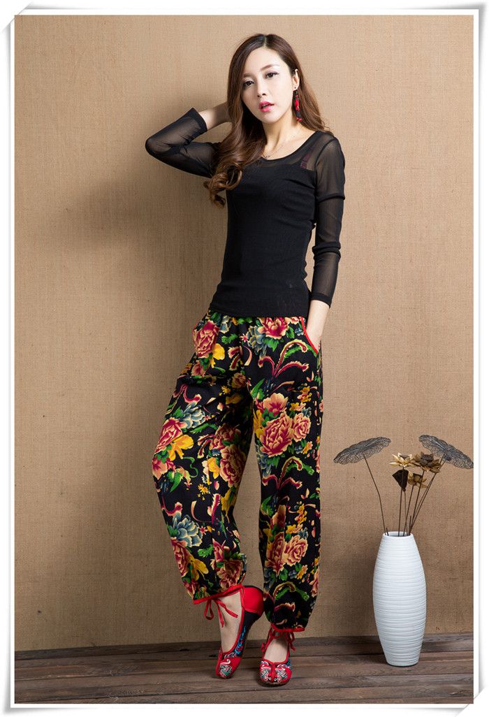 民族服装女夏装花裤子女士薄款广场舞服装裤东北大花民国风女裤子棉麻