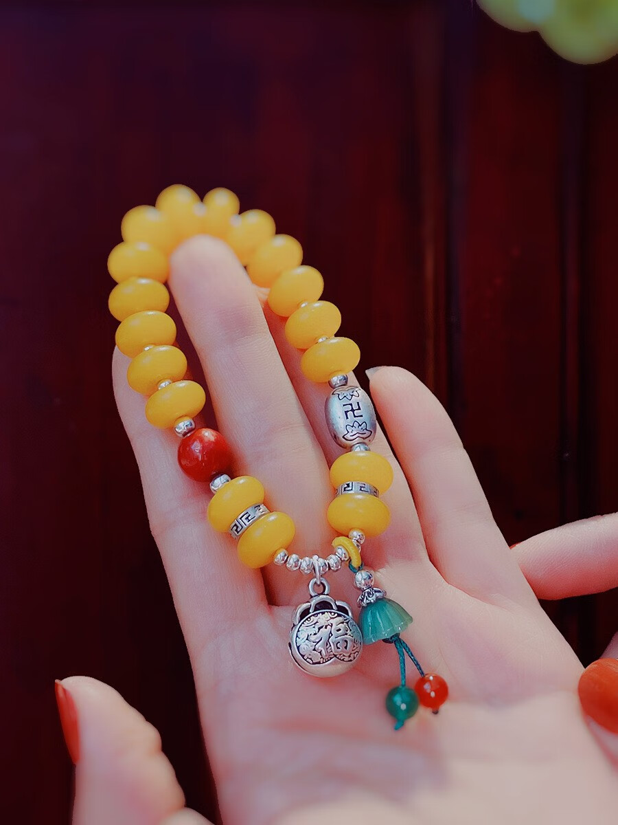 维之灿复古民族风细长小鱼钱袋手串女蜜蜡串珠流苏复古做旧精致手链