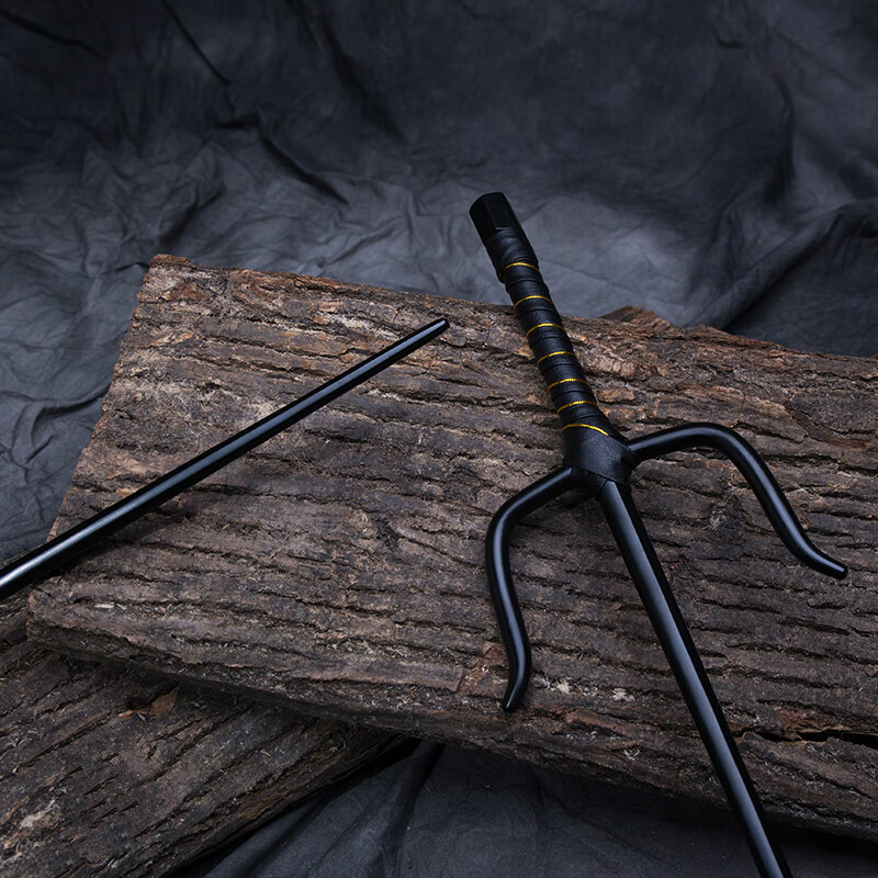 炭黑色精品实心钢制双铁尺 武术浪人短叉十手点穴尺 大号1对:约53cm长