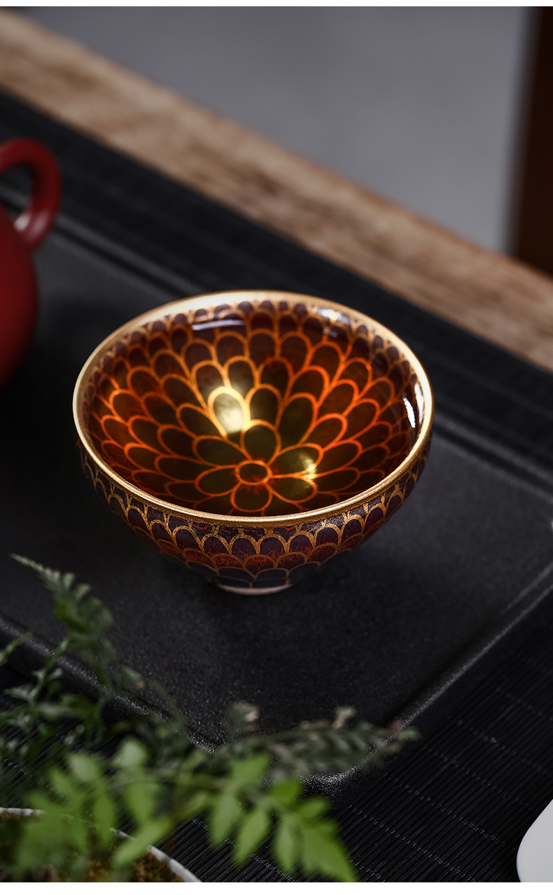 eojq佛莲金盏杯24k纯金茶杯纯手工描金杯子天目茶盏油滴建盏杯反口