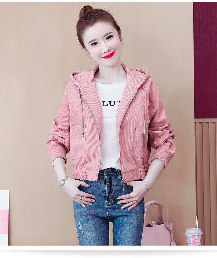 短装外套女灯芯绒外套女2022春季新款韩版洋气百搭短款上衣宽松连帽