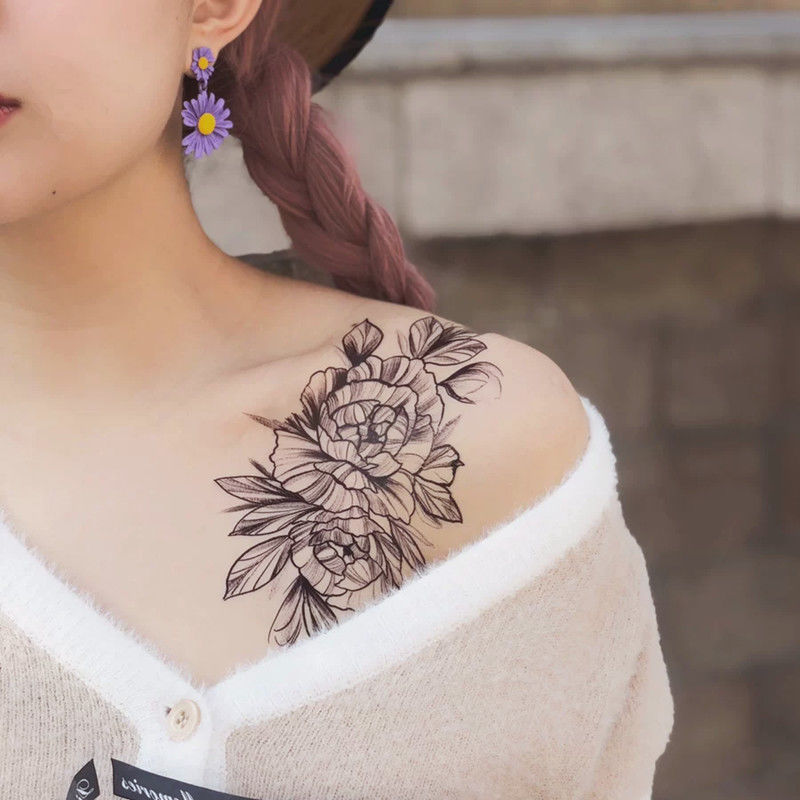 纹身贴洗不掉素色线条花朵暗黑系纹身贴防水锁骨女原创手绘花朵花臂