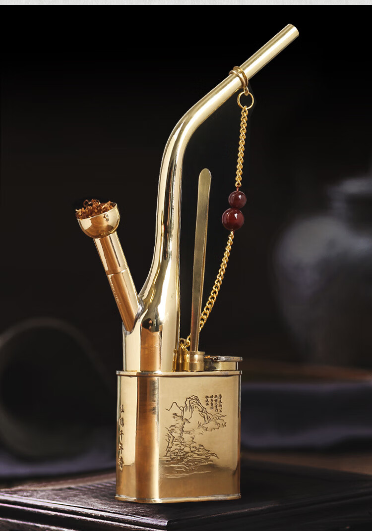 纯铜水烟壶黄铜复古老式水过滤烟斗水烟袋水烟筒全铜全套两用 加厚单