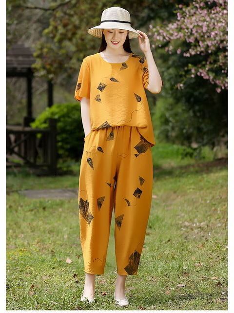 素订棉麻女装官方夏款套装素素杭州中年妈妈棉麻两件套夏装洋气短袖