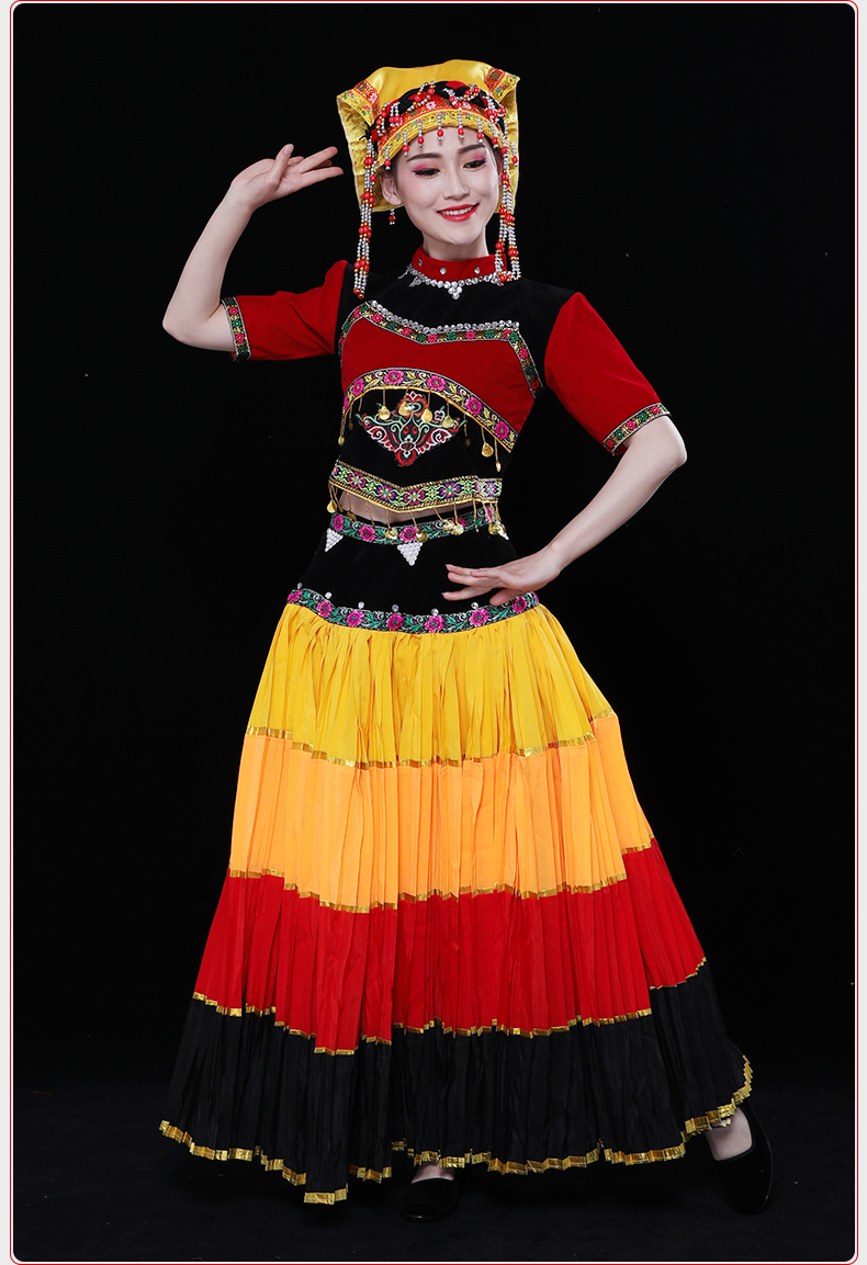 彝族大摆裙七月火把节七彩演出服民族舞蹈演出服装2021新款女 全套360