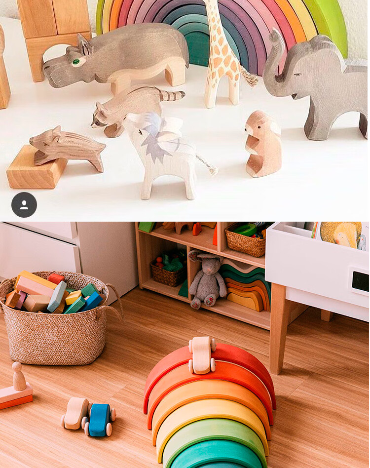 ins风松木实木彩虹城堡积木叠叠乐男女早教性华德福玩具天蓝色指环