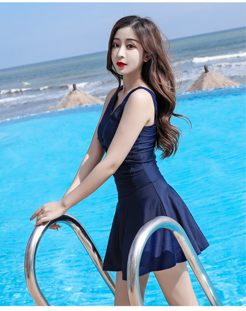 连体泳衣女士游泳衣女款连体裙式保守大码2022新款温泉泳装 藏青2xl码