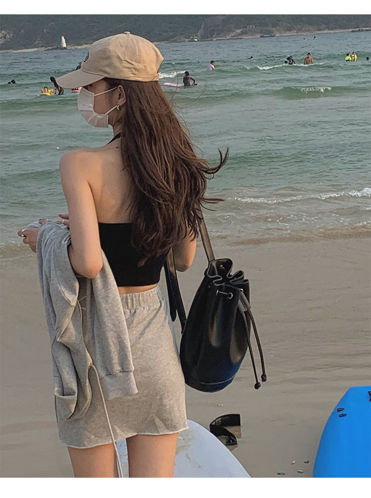 吊带背心挂脖吊带背心女新款辣妹网红炸街ins潮外穿美背短款 蓝绿色