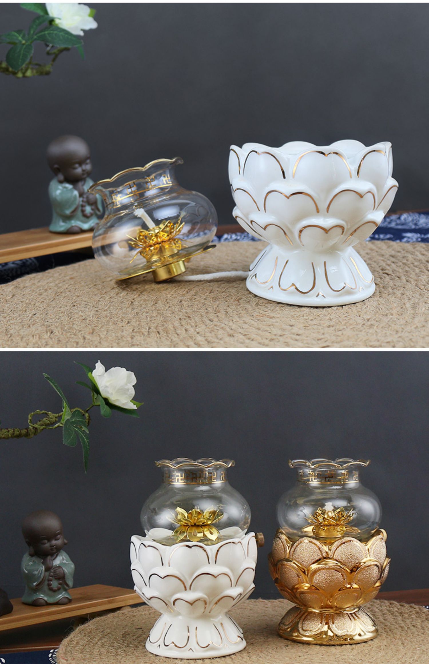 佛前供灯长明灯液体酥油灯供佛灯家用金沙陶瓷莲花灯防风油灯佛灯 金