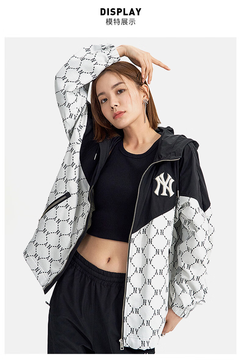 潮牌mlb男女情侣防风夹克钻石老花休闲连帽外套22秋季新款 米黄色 xl