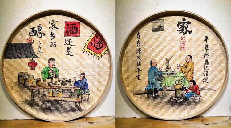 定做竹簸箕画手工画竹匾画竹筛画竹筐画竹编创意画农家乐装饰道具绘画