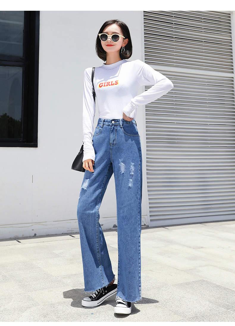 牛仔甩裤牛仔阔腿阔脚裤2019夏款薄高腰直筒长款宽松显瘦破洞休闲长裤