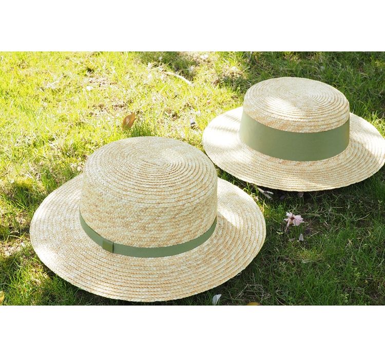 欧美新款抹茶绿宽缎带麦秆草帽防晒遮阳洋气橄榄绿色织带平顶草帽zry