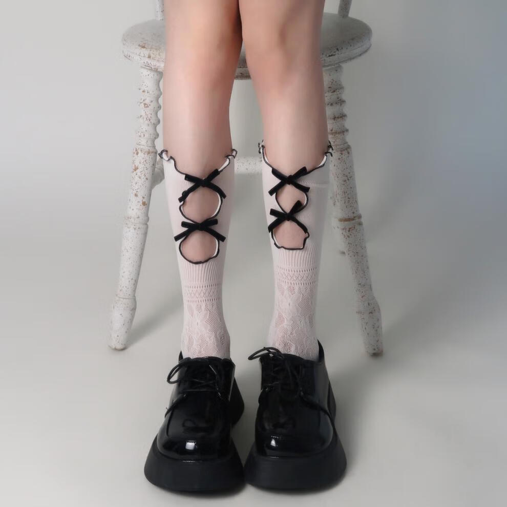 洛丽塔袜子 袜子女夏季薄款白色jk洛丽塔蝴蝶结网小腿袜长筒袜短袜