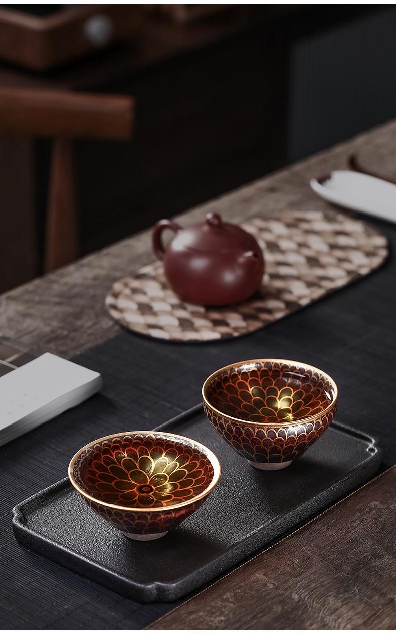 eojq佛莲金盏杯24k纯金茶杯纯手工描金杯子天目茶盏油滴建盏杯反口