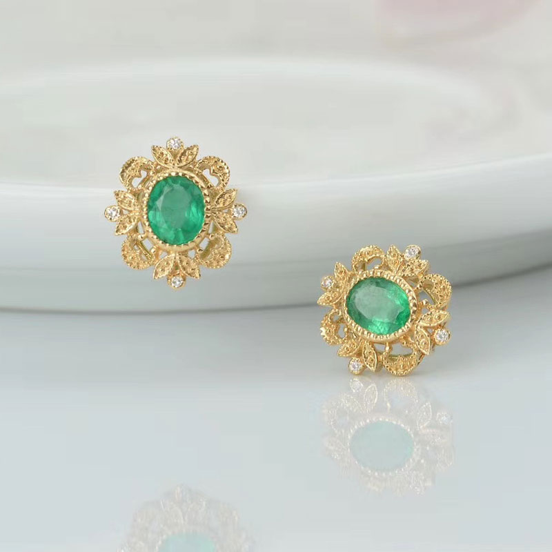 珠宝群镶嵌祖母绿红宝石蓝宝石钻石耳钉时尚清新耳环绿色祖母绿耳钉