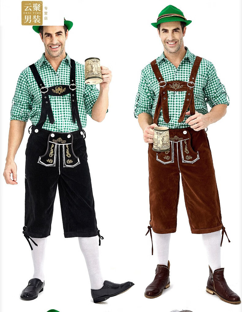 新款德国传统啤酒节服装 男款巴伐利亚啤酒吊带裤套装农场工作服 红