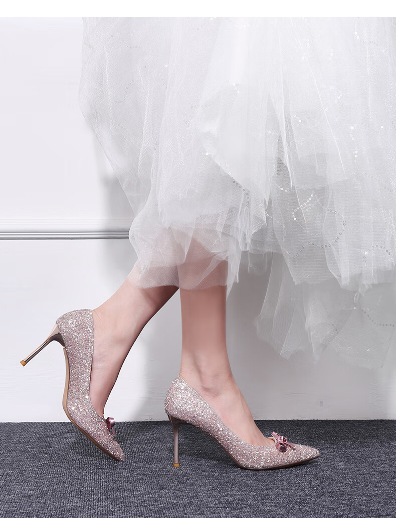 婚鞋女2019新款新娘鞋公主亮片婚纱高跟鞋女细跟蝴蝶结礼服水晶鞋