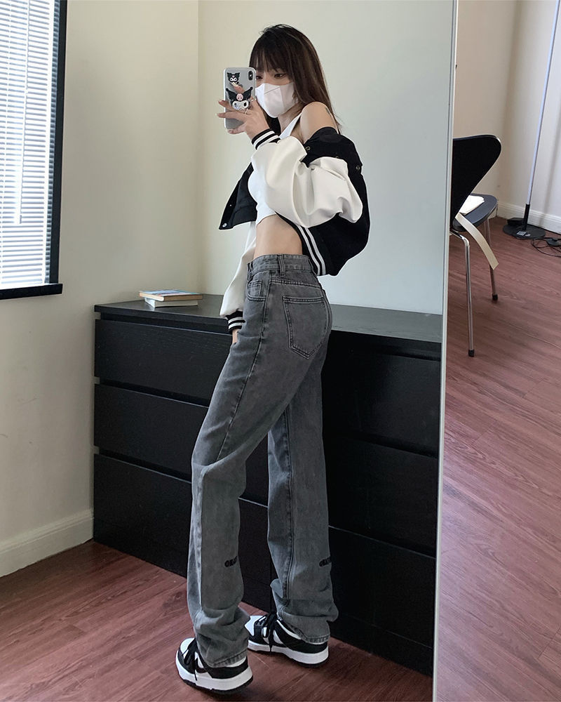 欧美高街烟灰色堆堆牛仔裤子女春夏炸街直筒裤显瘦拖地长裤潮ins 黑色