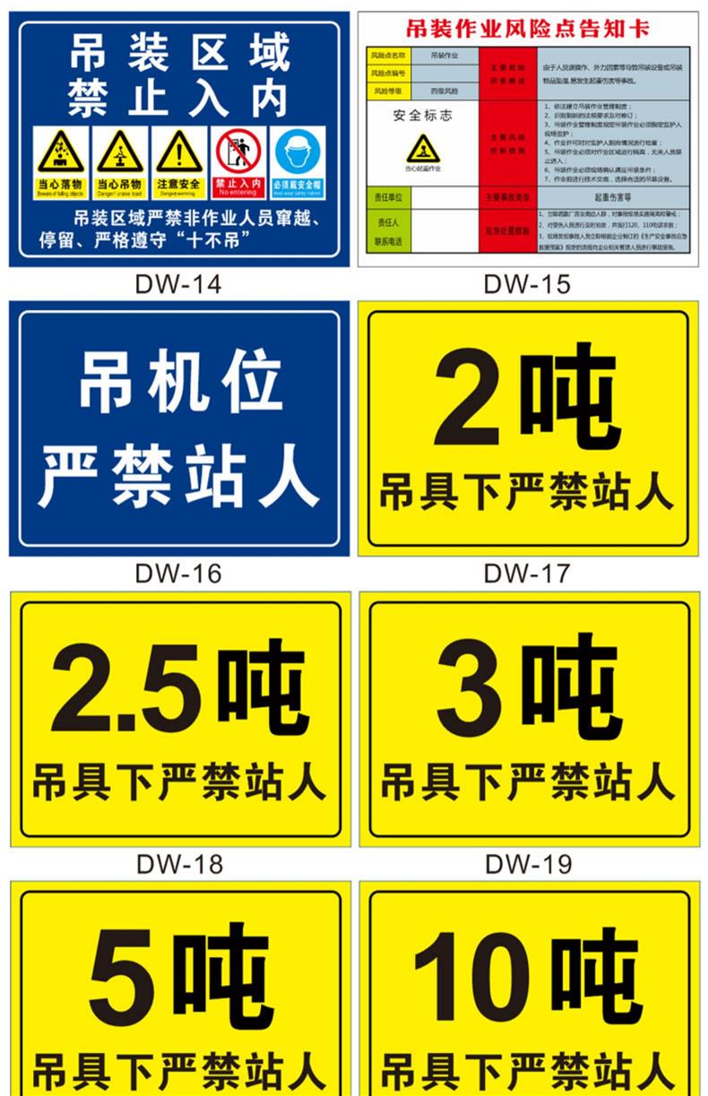 吊车限重2吨3吨标识牌起重机吊具下严禁站人警示牌工地施工现场吊机位