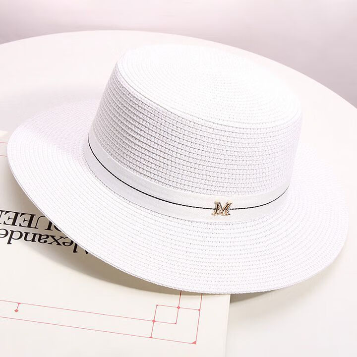 啄木鸟 法国夏季平顶优雅白色草帽女海边度假遮阳帽简约百搭休闲礼帽