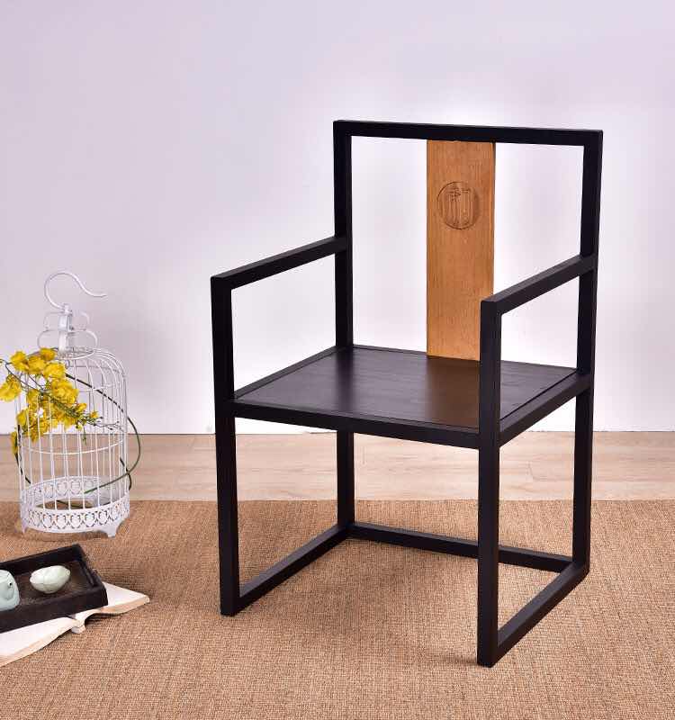 新中式铁艺椅子实木扶手靠背椅高背办公洽谈椅茶楼简约酒店休闲椅 单