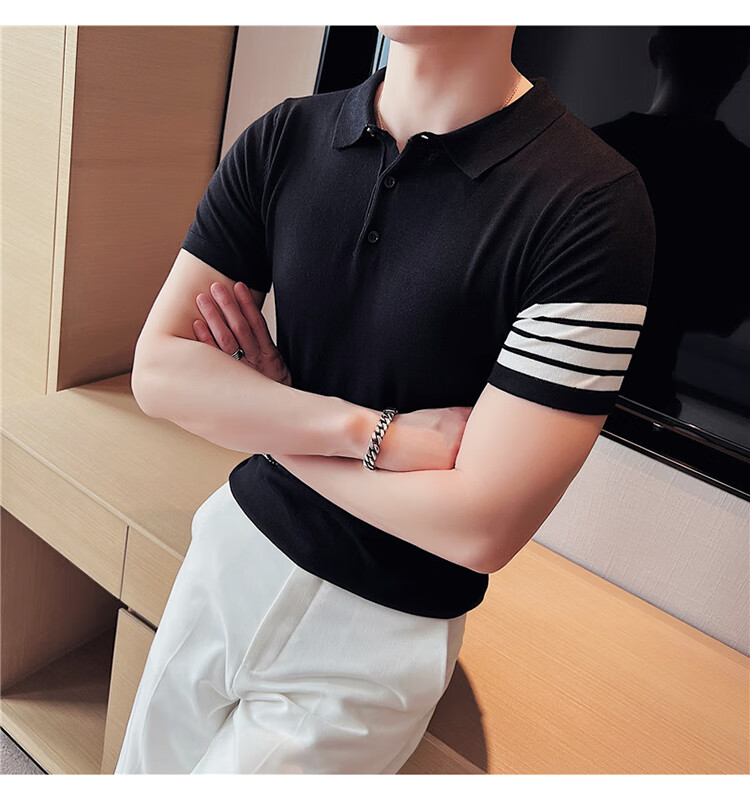 索牧梵 夏装薄款手臂条纹修身翻领针织衫男短袖polo衫灰色风潮流时尚