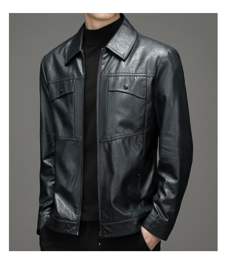 翻领工装皮衣夹克男士春秋季多口袋爸爸装机车皮外套男薄款蓝灰加绒