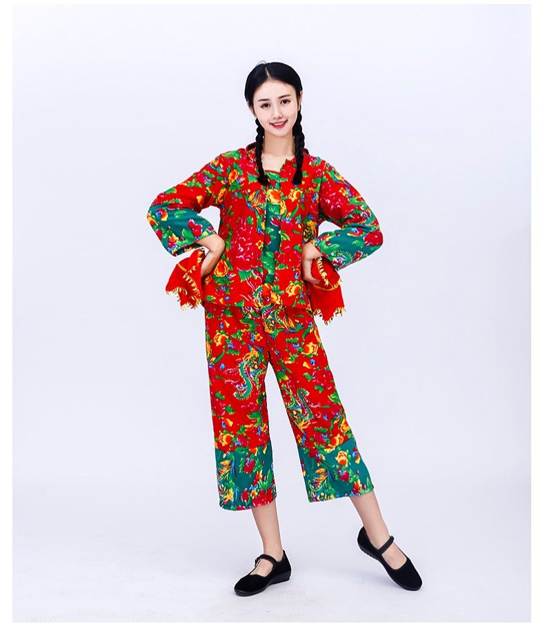 村姑女二人转唐装搞笑姐妹广场舞蹈秧歌服农民套装 上衣 肚兜 裤子