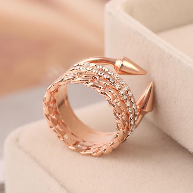 千弗工匠欧美品牌饰品 链条镶钻铆钉三圈戒指 指环女 首饰 玫瑰金7号