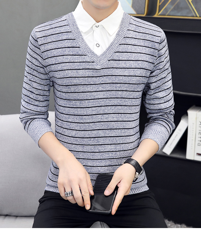 春秋季假两件毛衣男士潮流针织打底衫带领秋装上衣假领线衣 shou-8870
