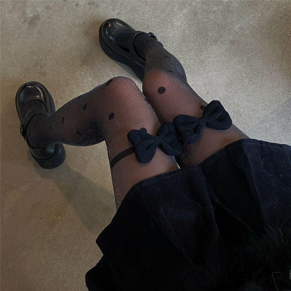 宝慕黛小众设计珠光波点黑色丝袜少女蝴蝶结百搭光腿袜神器黑色