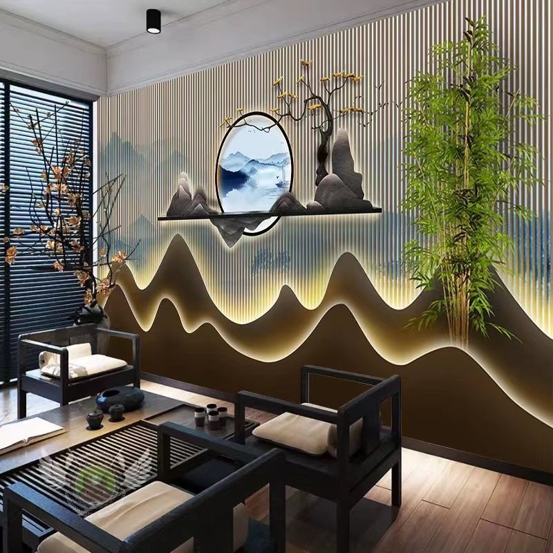 现代新中式墙纸3立体山水壁画养生足疗店茶室背景墙布采耳馆壁纸 轻奢