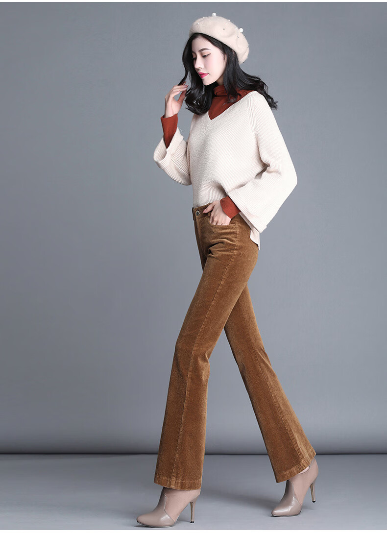 灯芯绒女裤条绒微喇叭微喇裤女细休闲春冬新款加厚裤力高腰显瘦 棕色