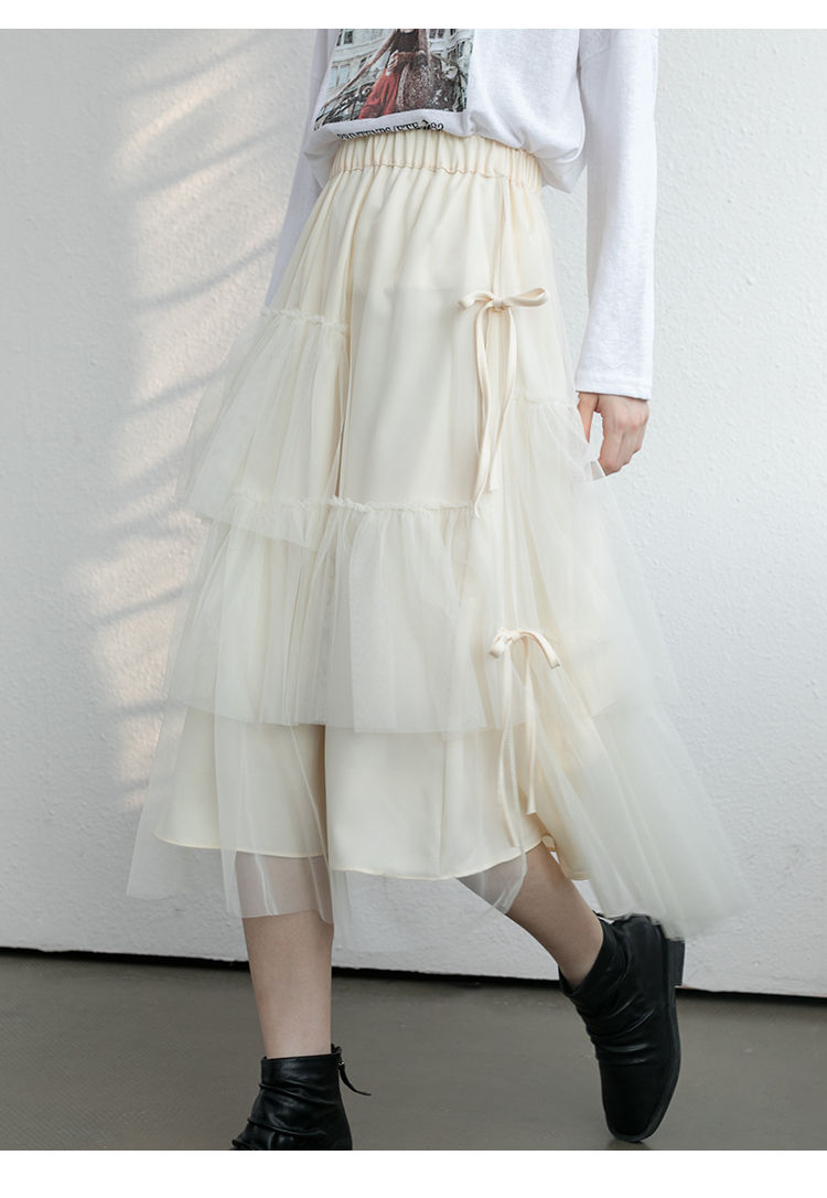 纱裙蛋糕裙不规则半身裙秋冬女2020新款中长款高腰a字裙网纱裙子 白色